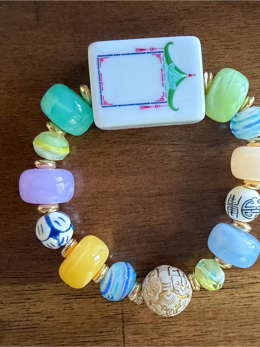 Colorful Ceramic and Glass Bead Mahjong Bracelet Stretch Bracelet